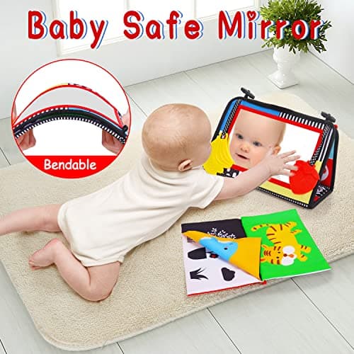 Tummy Time Baby Mirror Infant Toys Newborn 0 3 Months Brain Development with Crinkle Cloth Book Teether Black and White High Contrast Baby Toys 2 4 5 0-6 Month Boys Girls Sensory Activity Shower Gifts — view 3