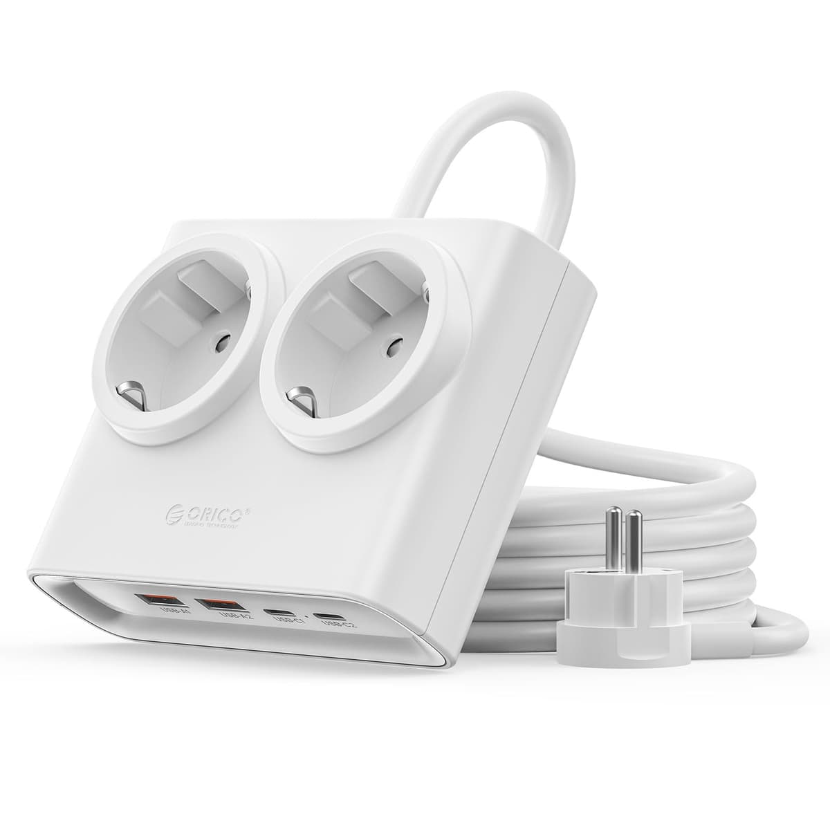 ORICO PowerBrick 6-in-1 Power Strip Sockets White – 2 AC Outlets + 4 USB (2 USB-C PD), Quick Charge 25W GAN, Cable 1.6 m, 2500 W MAX for Home, Office, Table (PDC)