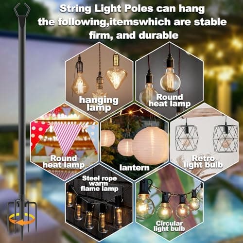 NSHWFW 6 Pack 10 ft Heavy Duty Metal String Light Poles Adjustable Outdoor Lighting Stand for Patio,Backyard,Garden,Party & Wedding Rustproof & Sturdy with Hooks — view 2
