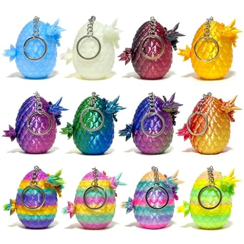 Mini 3D Printed Dragon Eggs with Dragon Inside, Articulated Crystal Dragons 3D Printed Animals Easter Egg Fillers, Easter Basket Stuffers Christmas Fidget Toys Gifts for Kids (12pcs-withkeychain)