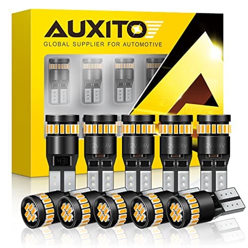 AUXITO 194 LED Light, Amber Yellow 168 2825 W5W T10 Wedge LED Replacement Light Kit Error Free for Car Dome Map Door Parking License Plate Marker Lights, Pack of 10
