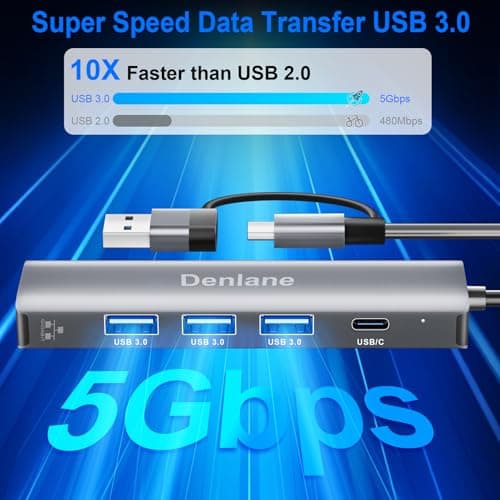 Denlane USB C USB 3.0 to Ethernet Adapter, 5 in 2 Gigabit USB Ethernet Hub for Laptop with 4-Port USB-A 3.0 and USBC, 1000Mbps RJ45 LAN Network Adapter Compatible with MacBook/iPad Pro/Phone/Tablet — view 3