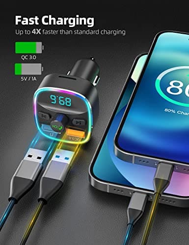 Nulaxy Bluetooth FM Transmitter for Car, Upgraded QC3.0 & 5V 1A Dual USB Charger Bluetooth Car Adapter Wireless Radio, 7-Color LED Backlit Light, Hands-Free Calling, Support USB Drive TF Card - NX10 — view 2