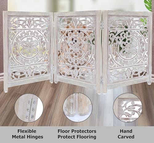 Croft&Cane Wooden Foldable Pet Dog Safety Gate - 3 Panel 20 W x 24 H - Hand Carved Suzani Free Standing Portable Indoor Puppy Gate - Doorway Hall Stairs Dog Fence - Assembled - White Wash — view 4