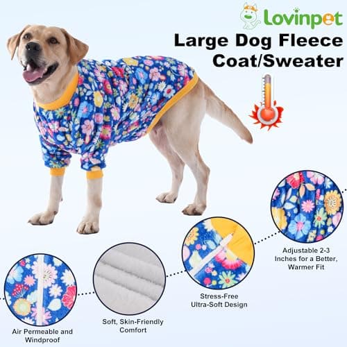 LovinPet Large Dog Winter Flannel Coat, Warm Dog Coat with Front Sleeves and Back Zipper, Easy-Care Full-Coverage Layer for Cold Weather, Happy Packed Floral Blue Prints, XXL — view 6