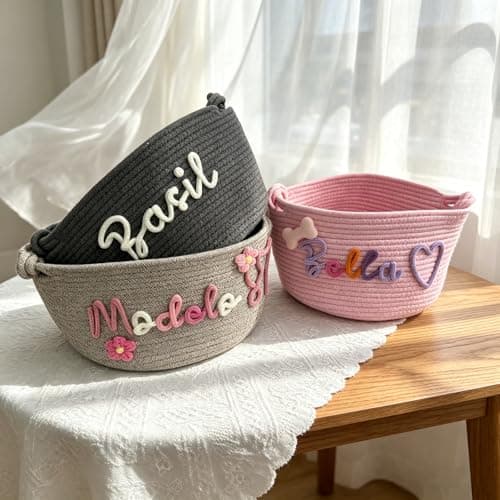 Personalized Dog Toy Basket, Custom Cat Toy Storage Bin, Large Durable Cotton Rope Basket for Puppy/Kitten Supplies, Handmade Pet Toy Box with Name Embroidery, Gift for Pet Lovers (M/L Size, 9 Colors) — view 3