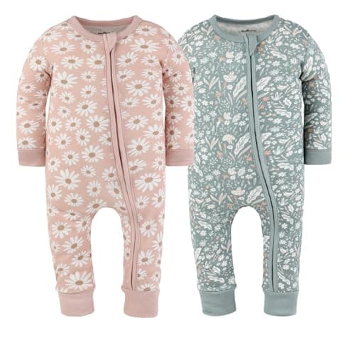 The Peanutshell 2-Pack Sleep and Play Baby Girl Clothes, 9-12 Months, Soft Cotton Footless Pajamas, Boho Meadow
