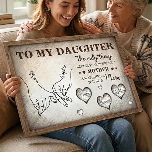 Personalized To My Daughter Wooden Wall Art from Mom – Custom Canvas Holding Hands Plaque with Kids Names, Meaningful Mother’s Day Birthday Gift for Daughter from Mom Style 1 — view 2