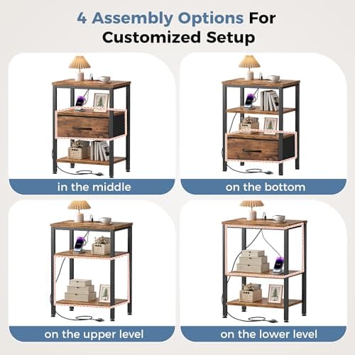 OLIXIS Nightstand with Charging Station, Beside Table with Fabric Drawer — view 5
