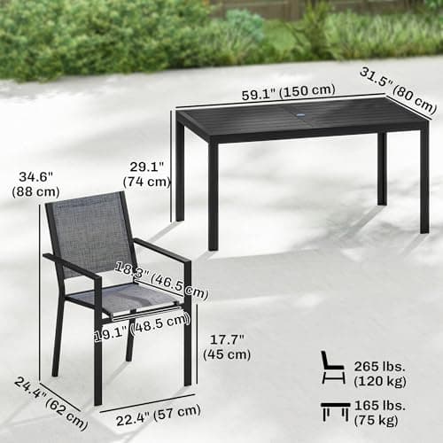 Outsunny 7 Pieces Outdoor Dining Set for 6, Rectangle Wood Effect Metal Patio Table and Mesh Stackable Chairs with Umbrella Hole, Patio Furniture Set for Garden, Yard, Black — view 6