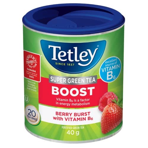 Tetley Super Green Tea Boost: Berry Burst with Vitamin B6, Fortified Fruit Tea - 20 Tea Bags, 40 Grams, Contains Caffeine