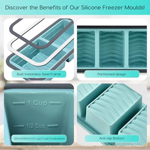 2 Pack Silicone Soup Freezer Containers with Lids, Soup Freezer Mold, Ice Trays for Freezer, Ice Cube Tray for Storing 250mL/125mL Broth, Soup, Leftovers, Sauce, Makes 8 1-Cup Portions Cubes — view 2