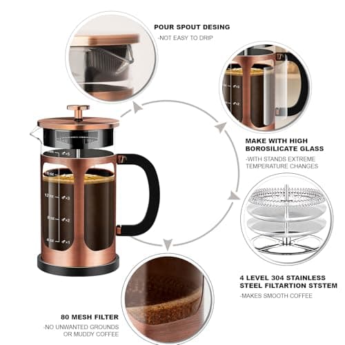 YMMIND French Press Coffee Maker (21oz 600ML 3-4Cup) Coffee Press, with 4 Filters System, Heat Resistant Thickness Borosilicate Glass, Cold Brew Coffee Tea Pot Gifts (Copper) — view 3