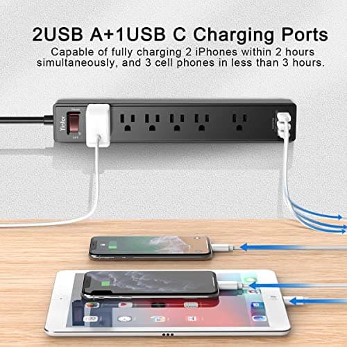6Ft Power Strip Surge Protector - Yintar Extension Cord with 6 AC Outlets and 3 USB Ports for for Home, Office, Dorm Essentials, 1680 Joules, ETL Listed, (Black) — view 3