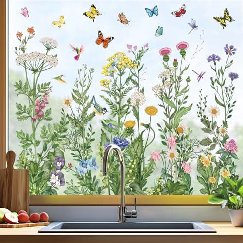 wondever Spring Summer Wild Flowers Window Clings Vintage Wildfloral Butterflies Glass Sticker Decal Anti Collision Double-Side Static Window Stickers for Home Glass Window — view 2