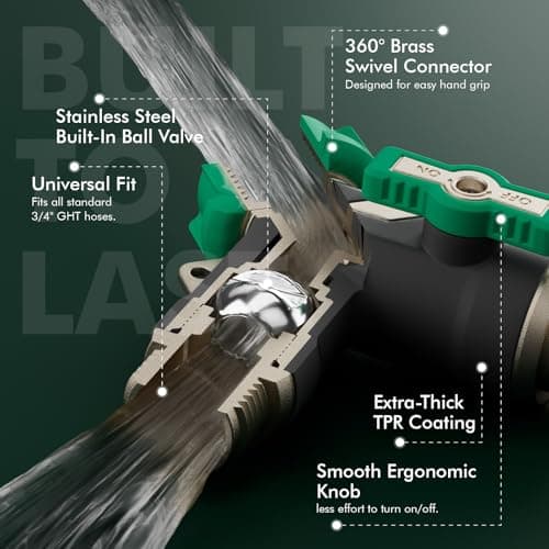 Restmo Heavy Duty 2 Way Y Garden Hose Splitter, Full Metal Body Full Flow Hose Splitter with Oversized Ball Valve, Extended Lever 3/4" GHT Outdoor Faucet Spigot Adapter for Garden Watering RV, Green — view 2