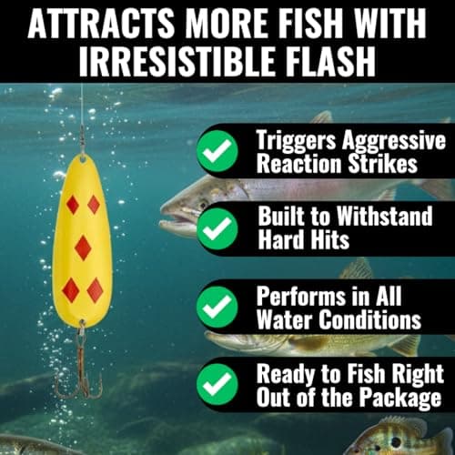 LUCKY STRIKE | Devil Bait Spoon Fishing Lure for Bass, Northern Pike, Panfish, Salmon, Triple Sharp Hooks,Alloy Steel Made in Canada (Size 1.5, Yellow Red Diamond Nickel) — view 2