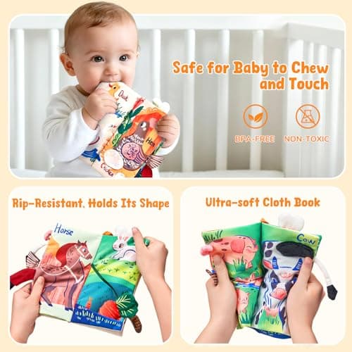 JoyCat Baby Books 0-6-12 Months - Farm Tail Tummy Time Toys - Sensory Touch & Feel Crinkle Cloth Book with Detachable Duck - Newborn Easter Basket Stuffers — view 2