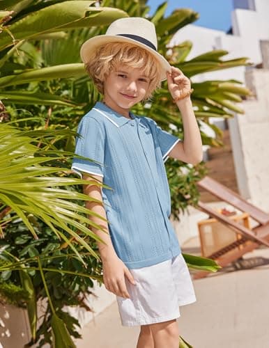 Arshiner Boys Button Down Shirt Short Sleeve Knit Shirt Summer Vintage Fashion Casual Beach Shirts for Kids 3-14 Years Light Blue — view 4