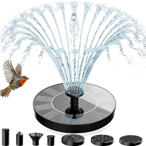 AMZtime Solar Fountain for Bird Bath, Upgrade Solar Water Fountain Mini Free Standing Solar Water Pump with 4 Fixing Rods, 6 Spray Modes for Garden, Pond, Pool & Outdoor