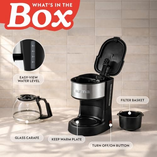 Gourmia 5 Cup One-Touch Drip Brew Coffee Maker – Pause and Serve, Automatic Keep Warm, Easy View Water Window, Compact, Stainless Steel Accents, Black — view 8