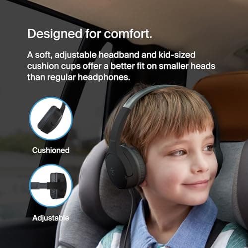 Belkin SoundForm Mini Kids Wired Headphones with Built-in Microphone & Fun Stickers, 85dB Safe Volume Limit – for Online Learning, Travel, Compatible w/iPhone 15, iPad, Galaxy S23, & More - Black — view 4