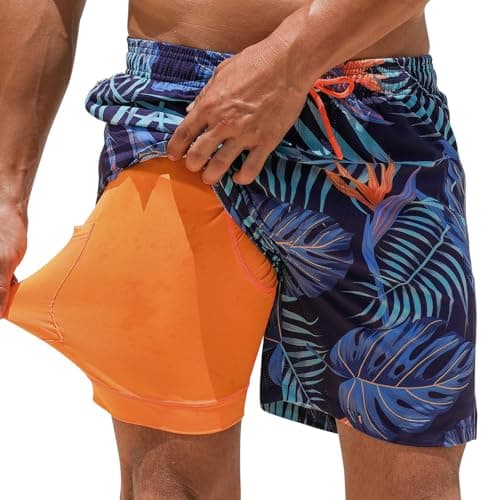 ELETOP Mens Swim Trunks with Compression Liner 5.5" Swim Shorts 2 in 1 Quick Dry Beach Shorts with Zipper Pockets Blue Yellow Palm Leaf M