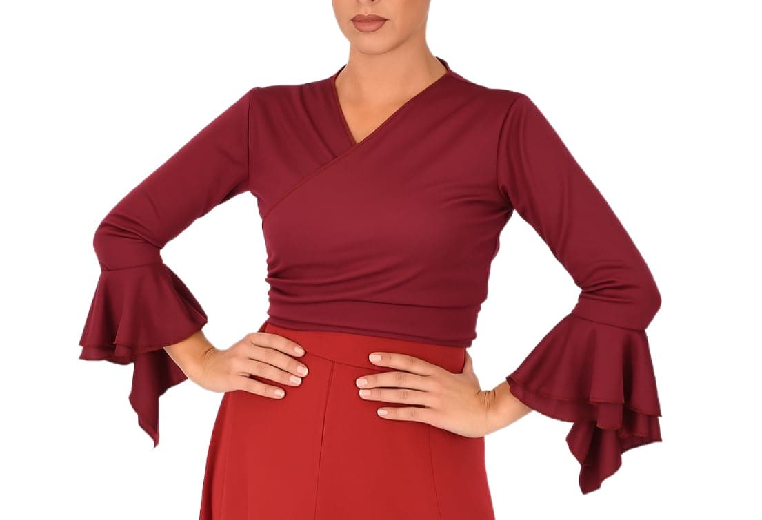 Bolero Torera Top Cruzado Flamenco Tejido elástico Manga Larga con Dos Volantes — view 5