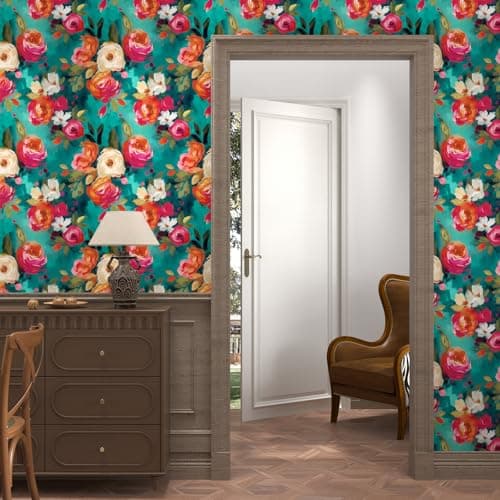 BOKEBEVE Floral Wallpaper Peel and Stick Boho Teal Blue 17.5 x 393.5In — view 2