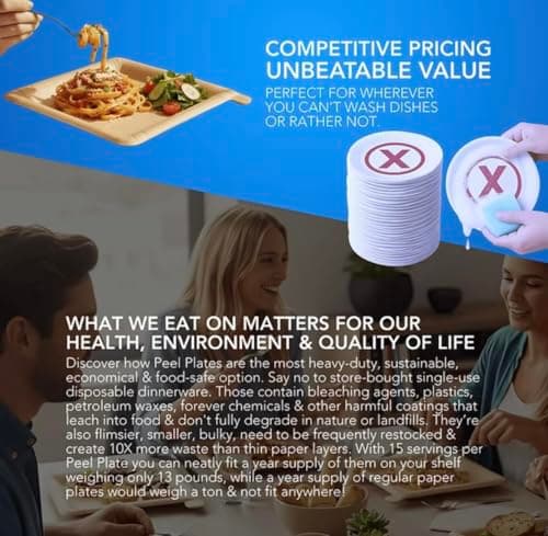 Peel Plate [5-Pack] 75 Servings Total - Large 9.5in X 9.5in Multi-Use Reusable Paper Plates 90% Less Waste For Home or On-The-Go Mealtime & Snacktime — view 8