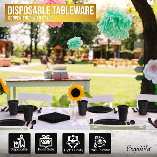 350 Pcs Black Plastic Plates for Party, Black Disposable Plates Set, 50 of Each 9" Dinner Plate Set, 7" Dessert Plate, Cups, Napkins & Cutlery Plastic Dinnerware Set Exquisite — view 4