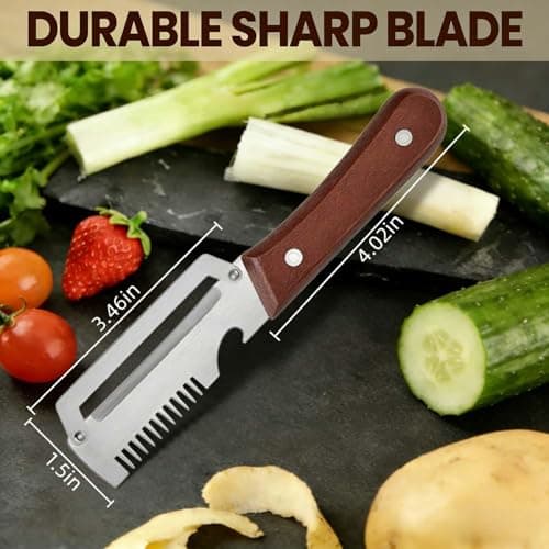 3 in 1 Multi Functional Vegetable Peeler for Kitchen, with Bottle Opener, Cutter Shred and Ergonomic Wood Handle - Effortlessly Peel Potato, Apple, Pineapple, Carrot (2 PCs)