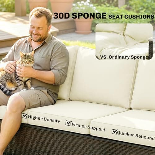 Outsunny 3 Seater Outdoor Couch Sofa, PE Wicker Patio Couch with Wide Deep Seat, 4" Cushions, Wood-Effect Armrests and Legs, Patio Furniture Couch for Garden, Backyard, Cream White — view 4