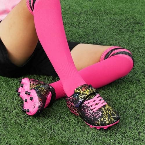 brooman Kids Firm Ground Soccer Cleats Girls Football Cleats with Shin Guards and Soccer Socks (8 CA,Black Fuchsia)