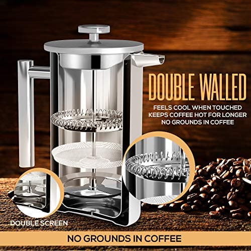 KICHLY - 17 Oz French Press, Stainless Steel Double Walled Insulated Coffee Press with Refined Filters, Espresso and Tea Maker - Silver — view 3