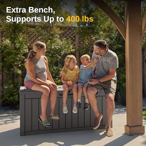 EAST OAK Outdoor Storage Box, 90 Gallon Deck Box Indoor and Outdoor Use, Waterproof Resin Storage Bin for Patio Cushions, Gardening Tools, Lockable, UV Resistant, Grey — view 4