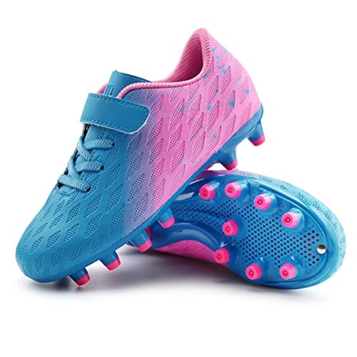 brooman Kids Firm Ground Soccer Cleats Girls Boys Athletic Football Shoes (8 JA,Blue Pink) — view 4