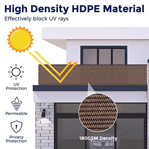 Duerer Balcony Screen Privacy Fence Cover 3' x 16.5' Brown Fence Netting Mesh Shade Cloth Fabric UV Protection for Apartment Balcony Railing Porch Outdoor, Backyard, Patio, Included Cable Ties Rope — view 2