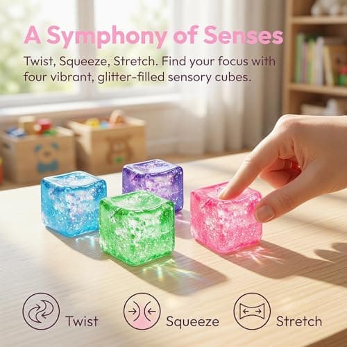 Glitter Ice Cube Squishy Fidget Toys, Squishy Cube Stress Balls for Adults & Kids, Slow Rising Stress Relief Toys, Squeeze Ball Filled with Thick Substance and Glitter (Blue) — view 2