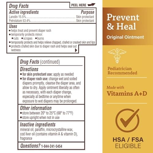 A+D Original Diaper Rash Ointment Prevents & Treats Diaper Rash, Moisturizing Skin Protectant with Vitamins A & D, Healing Skin Ointment for Dry and Cracked Skin 16 oz