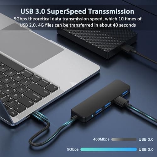 USB Hub 4 Port, VIENON USB 3.0 Hub USB Splitter for Laptop, USB Port Extender USB A Hub for PC, Desktop, Xbox, PS4, Flash Drive, Printer, Keyboard, Mouse, HDD, Plug and Play — view 2