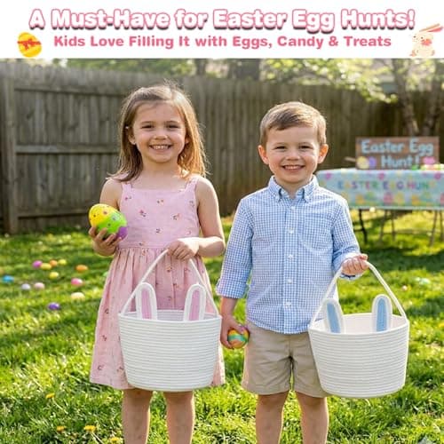 BEIYANA Easter Basket for Kids, Cute Bunny Easter Basket with Removable Ears & Writable Name Tag, Personalized Cotton Rope Woven Empty Easter Basket, First Easter Gift for Toddlers Boys Girls (Pink) — view 6