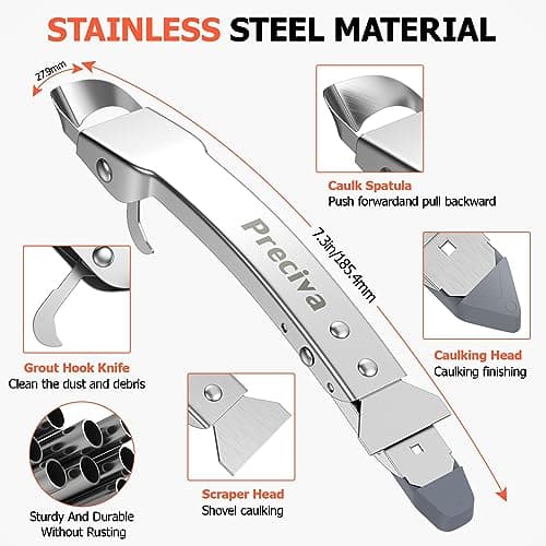 Caulking Tool kit, Preciva 4 in 1 Sealant Finishing Tool, Stainless Steel Caulk Remover Tool with 5 Silicone Squeegee for Kitchen Bathroom Window Sink Tile Joint (Silver)