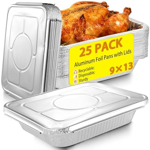 Whaleme 9x13 Aluminum Foil Pans with Lids - 25 Pack Disposable Half Size Deep Steam Table Tin Foil Pans for Oven Baking Cake, Roasting, Food Prepping, Storing, Freezing, Chafing