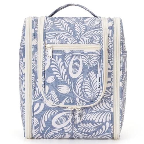 Narwey Small Hanging Toiletry Bag Women Travel Toiletries Makeup Bag Cosmetic Make up Bags for Travel Size Essentials Accessories (Medium, Blue Leaf)