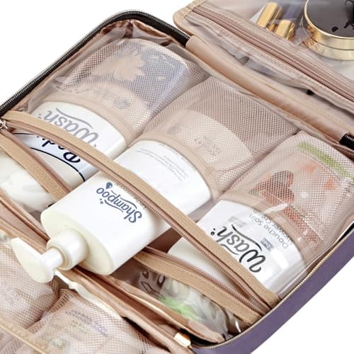 NISHEL Travel Toiletry Bag for women, Portable Hanging Organizer for Full-Sized Shampoo, Conditioner, Brushes Set, Makeup Accessories, Large Size, Purple — view 5