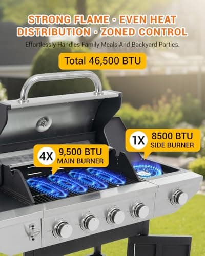 EUHOME 4-Burner Propane Gas BBQ Grill with Side Burner, 46,500 BTU Output Stainless Steel Barbecue Grill with Enameled Cast Iron Grates and Side Tables for Outdoor Cooking Kitchen and Patio Backyard — view 4