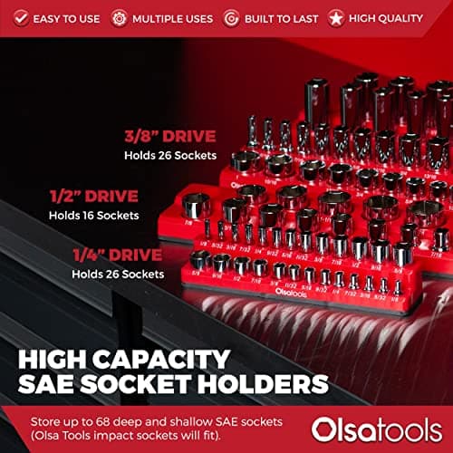Olsa Tools Magnetic Socket Organizer - 3 Piece Socket Holder Kit - 1/2-Inch - 3/8-Inch - 1/4-Inch Drive - SAE - Red - Holds 68 Sockets - Professional-Grade Tool Organizer - Part: 1150 — view 2