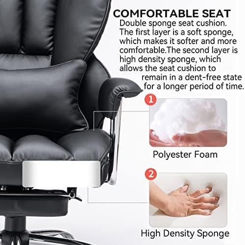 Efomao Big and Tall Office Chair with Foot Rest 400LBS, PU Leather Computer Chair, Heavy Duty Executive Office Chair with Lumbar Support, Black Home Office Chairs — view 3