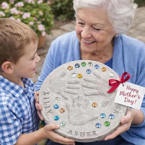 Father's Day DIY Handprint Gift Kit, Large Stepping Stone Kit for DIY Handprint Keepsake, Indoor Outdoor Family Craft Gift with 1 Mold, 26 Letter Stamps & Colored Stones, 12 in Fits 2 Handprints — view 5